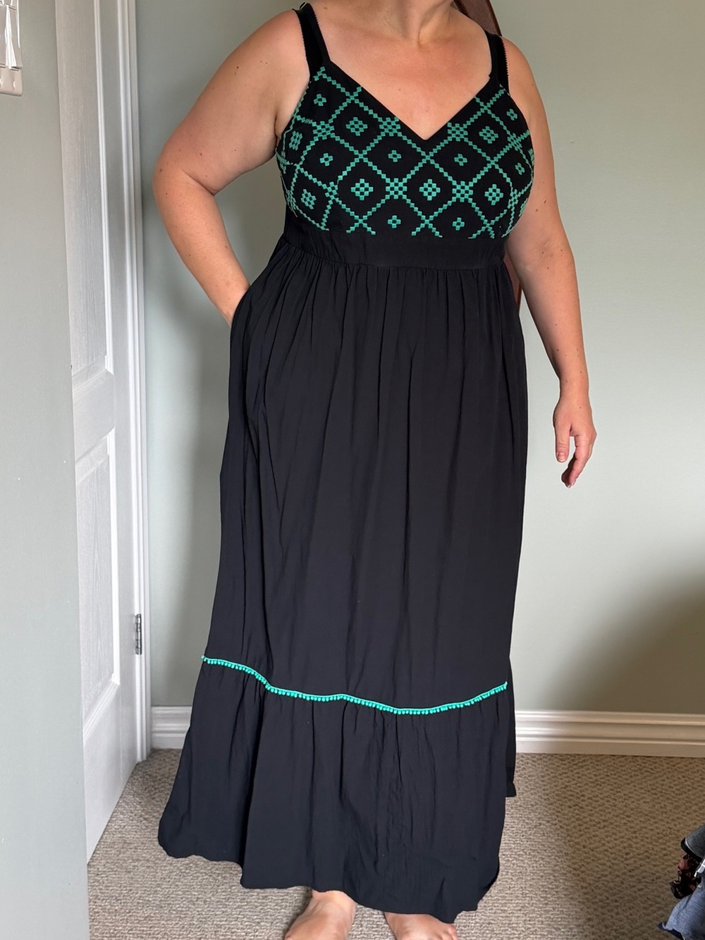 Ava & Viv Black Maxi Dress with Teal Embroidered Bodice